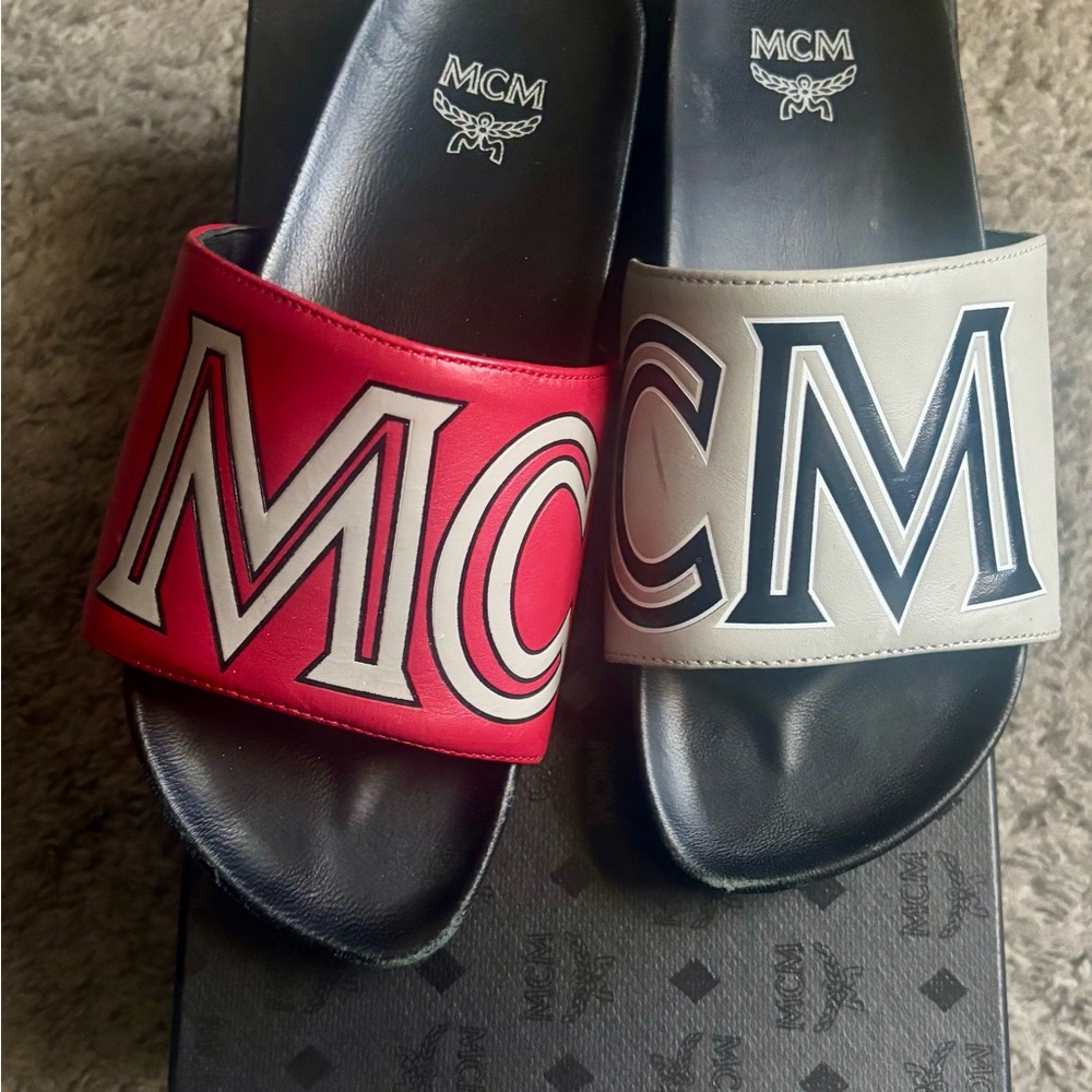 MCM Red and Gray Slide Sandals